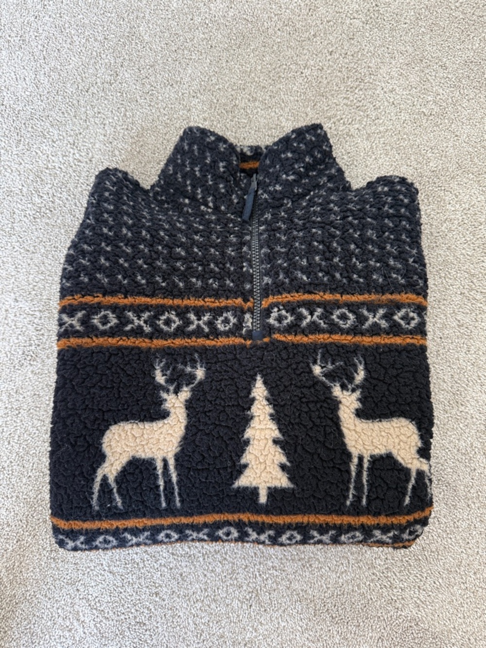 Navy Sherpa Pullover Sweater with Reindeer Motif